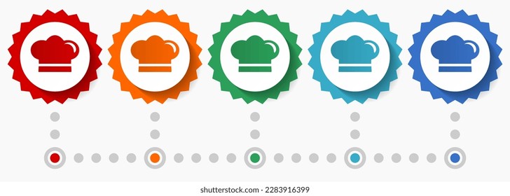 Chef hat, restaurant vector icon set, colorful infographic template, set of flat design badge icons in 5 color options