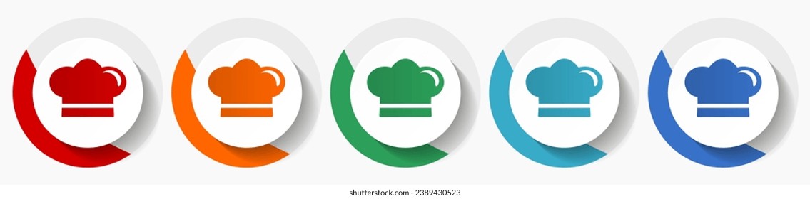 Chef hat, restaurant vector icon set, flat design colorful round icons in 5 color options for webdesign and mobile applications