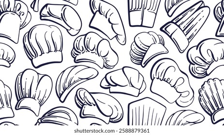 Chef hat seamless pattern. Art cook hats, professional uniform. Doodle vector hand drawn illustration. Art background for cooking and restaurant kitchen in simple sketch style