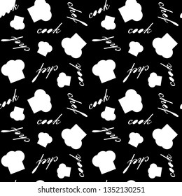 Chef hat, seamless pattern, white on a black background, vector