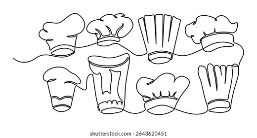 Chef hat set, One single line drawing of cap for restaurant vector graphic illustration, One line drawing illustration of hat chef. Chef uniform concept single line. Chef's Hat, Editable outline.