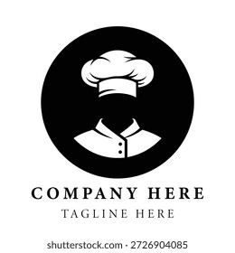 Plantilla del diseño del logotipo del sombrero y de la camisa del cocinero con el nombre de la compañía y el lema en el fondo blanco