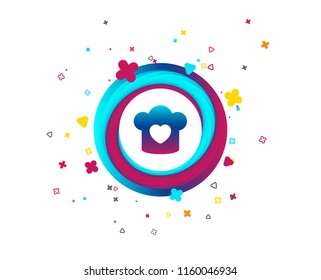 Chef hat sign icon. Cooking symbol. Cooks hat with heart love. Colorful button with icon. Geometric elements. Vector