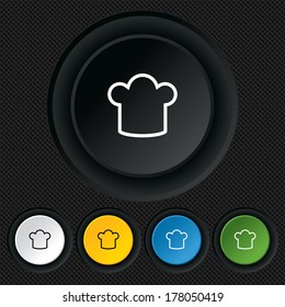 Chef hat sign icon. Cooking symbol. Cooks hat. Round colourful buttons on black texture. Vector