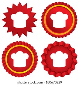 Chef hat sign icon. Cooking symbol. Cooks hat. Red stars stickers. Certificate emblem labels. Vector