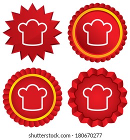 Chef hat sign icon. Cooking symbol. Cooks hat. Red stars stickers. Certificate emblem labels. Vector