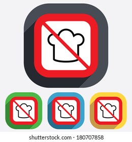 Chef hat sign icon. Cooking symbol. Cooks hat. Red square prohibition sign. Stop flat symbol. Vector
