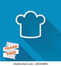 Chef hat sign icon. Cooking symbol. Cooks hat. White flat icon with long shadow. Paper ribbon label with Thank you text. Vector