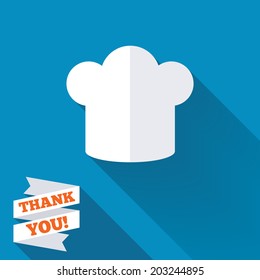 Chef hat sign icon. Cooking symbol. Cooks hat. White flat icon with long shadow. Paper ribbon label with Thank you text. Vector