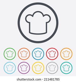 Chef hat sign icon. Cooking symbol. Cooks hat. Round circle buttons with frame. Vector