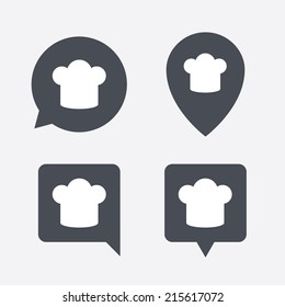 Chef hat sign icon. Cooking symbol. Cooks hat. Map pointers information buttons. Speech bubbles with icons. Vector