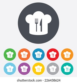 Chef hat sign icon. Cooking symbol. Cooks hat with fork and knife. Round colourful 11 buttons. Vector