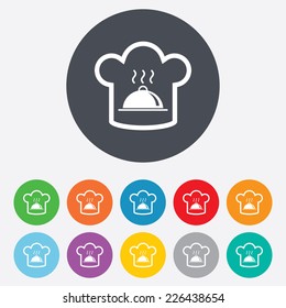 Chef hat sign icon. Cooking symbol. Cooks hat with hot dish. Round colourful 11 buttons. Vector