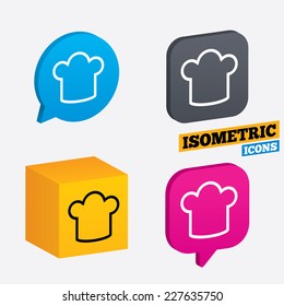 Chef hat sign icon. Cooking symbol. Cooks hat. Isometric speech bubbles and cube. Rotated icons with edges. Vector