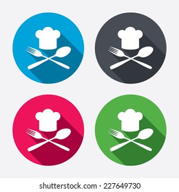 Chef hat sign icon. Cooking symbol. Cooks hat with fork and spoon. Circle buttons with long shadow. 4 icons set. Vector