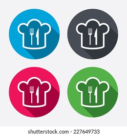 Chef hat sign icon. Cooking symbol. Cooks hat with fork and knife. Circle buttons with long shadow. 4 icons set. Vector