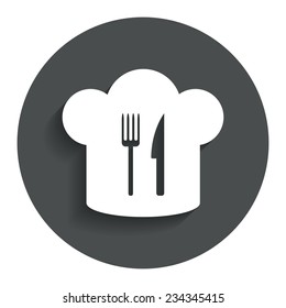 Chef hat sign icon. Cooking symbol. Cooks hat with fork and knife. Gray flat button with shadow. Modern UI website navigation. Vector