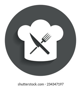 Chef hat sign icon. Cooking symbol. Cooks hat with fork and knife. Gray flat button with shadow. Modern UI website navigation. Vector