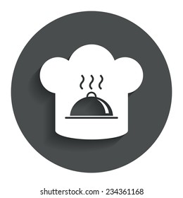 Chef hat sign icon. Cooking symbol. Cooks hat with hot dish. Gray flat button with shadow. Modern UI website navigation. Vector