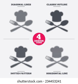 Chef hat sign icon. Cooking symbol. Cooks hat with fork and spoon. Diagonal and horizontal lines, classic outline, dotted texture. Pattern design icons.  Vector
