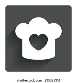 Chef hat sign icon. Cooking symbol. Cooks hat with heart love. Gray flat square button with shadow. Modern UI website navigation. Vector