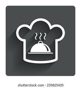 Chef hat sign icon. Cooking symbol. Cooks hat with hot dish. Gray flat square button with shadow. Modern UI website navigation. Vector