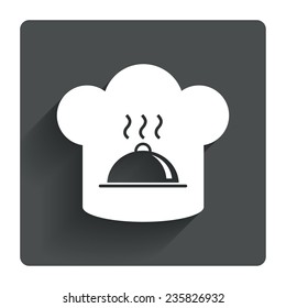Chef hat sign icon. Cooking symbol. Cooks hat with hot dish. Gray flat square button with shadow. Modern UI website navigation. Vector