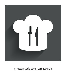 Chef hat sign icon. Cooking symbol. Cooks hat with fork and knife. Gray flat square button with shadow. Modern UI website navigation. Vector