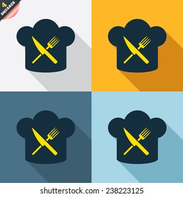Chef hat sign icon. Cooking symbol. Cooks hat with fork and knife. Four squares. Colored Flat design buttons. Vector