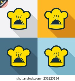 Chef hat sign icon. Cooking symbol. Cooks hat with hot dish. Four squares. Colored Flat design buttons. Vector