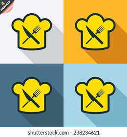 Chef hat sign icon. Cooking symbol. Cooks hat with fork and knife. Four squares. Colored Flat design buttons. Vector