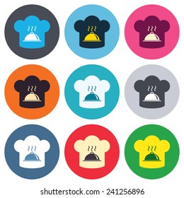 Chef hat sign icon. Cooking symbol. Cooks hat with hot dish. Colored round buttons. Flat design circle icons set. Vector