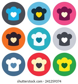 Chef hat sign icon. Cooking symbol. Cooks hat with heart love. Colored round buttons. Flat design circle icons set. Vector