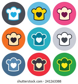 Chef hat sign icon. Cooking symbol. Cooks hat with heart love. Colored round buttons. Flat design circle icons set. Vector