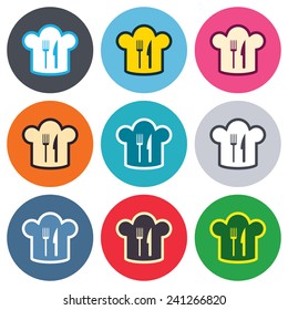 Chef hat sign icon. Cooking symbol. Cooks hat with fork and knife. Colored round buttons. Flat design circle icons set. Vector