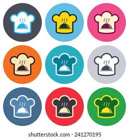 Chef hat sign icon. Cooking symbol. Cooks hat with hot dish. Colored round buttons. Flat design circle icons set. Vector