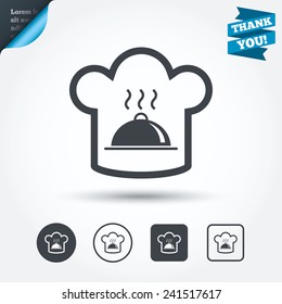 Chef hat sign icon. Cooking symbol. Cooks hat with hot dish. Circle and square buttons. Flat design set. Thank you ribbon. Vector