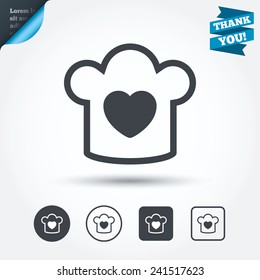 Chef hat sign icon. Cooking symbol. Cooks hat with heart love. Circle and square buttons. Flat design set. Thank you ribbon. Vector