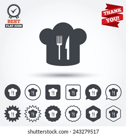 Chef hat sign icon. Cooking symbol. Cooks hat with fork and knife. Circle, star, speech bubble and square buttons. Award medal with check mark. Thank you ribbon. Vector