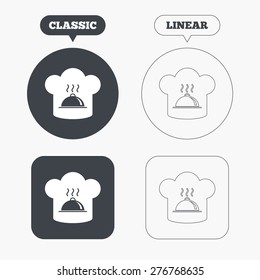 Chef hat sign icon. Cooking symbol. Cooks hat with hot dish. Classic and line web buttons. Circles and squares. Vector