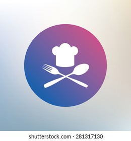 Chef hat sign icon. Cooking symbol. Cooks hat with fork and spoon. Icon on blurred background. Vector