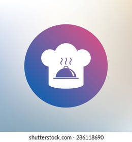 Chef hat sign icon. Cooking symbol. Cooks hat with hot dish. Icon on blurred background. Vector