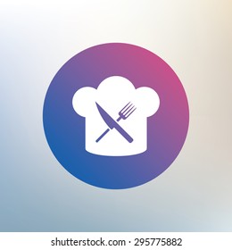 Chef hat sign icon. Cooking symbol. Cooks hat with fork and knife. Icon on blurred background. Vector