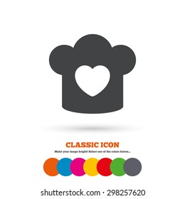 Chef hat sign icon. Cooking symbol. Cooks hat with heart love. Classic flat icon. Colored circles. Vector