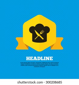 Chef hat sign icon. Cooking symbol. Cooks hat with fork and knife. Yellow label tag. Circles seamless pattern on back. Vector