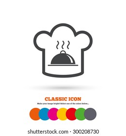 Chef hat sign icon. Cooking symbol. Cooks hat with hot dish. Classic flat icon. Colored circles. Vector