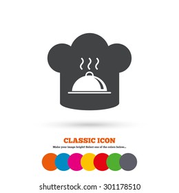 Chef hat sign icon. Cooking symbol. Cooks hat with hot dish. Classic flat icon. Colored circles. Vector