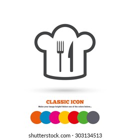 Chef hat sign icon. Cooking symbol. Cooks hat with fork and knife. Classic flat icon. Colored circles. Vector