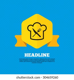 Chef hat sign icon. Cooking symbol. Cooks hat with fork and knife. Yellow label tag. Circles seamless pattern on back. Vector