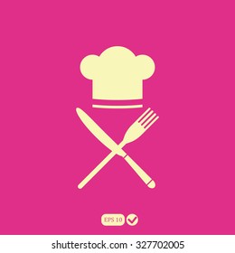 Chef hat sign icon. Cooking symbol. Cooks hat with fork and spoon.